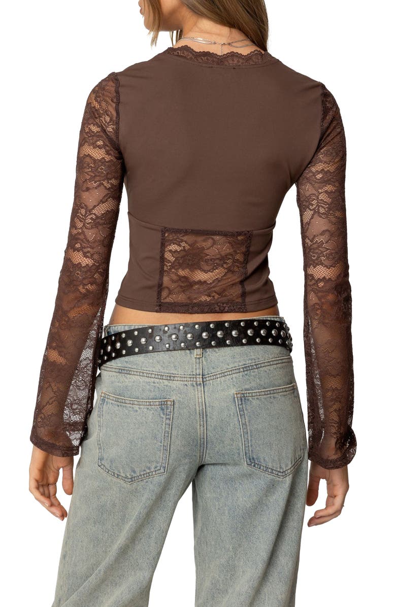 EDIKTED Stephi Lace Split Front Crop Top, Alternate, color, Brown