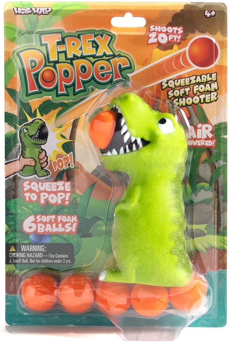 T-Rex Ball Popper Toy - Includes 4 Soft Foam Balls - Squeeze to Pop, Alternate, color, Green
