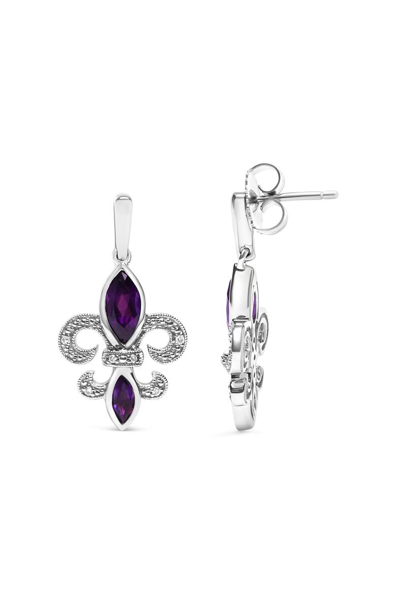 Silver Amethyst & Diamond Accent Fleur De Lis Dangle Stud Earrings, Alternate, color, White