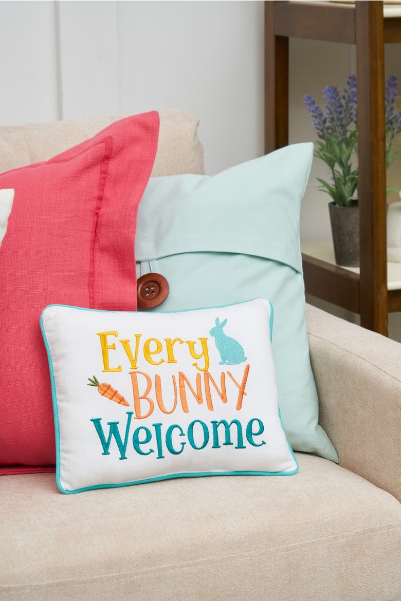 "Every Bunny Welcome" Easter Cotton Blend Mini Accent Pillow 9" x 12", Alternate, color, White