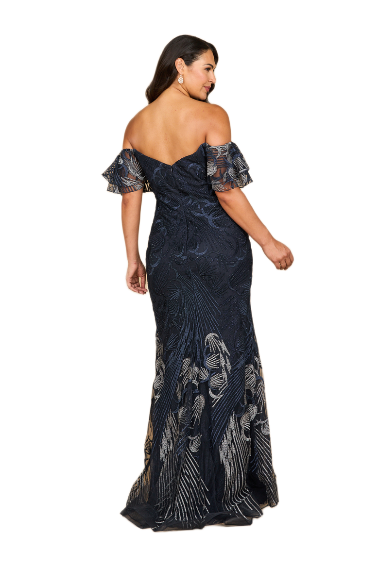 Off Shoulder Mermaid Lace Gown, Alternate, color, Navy Ombre