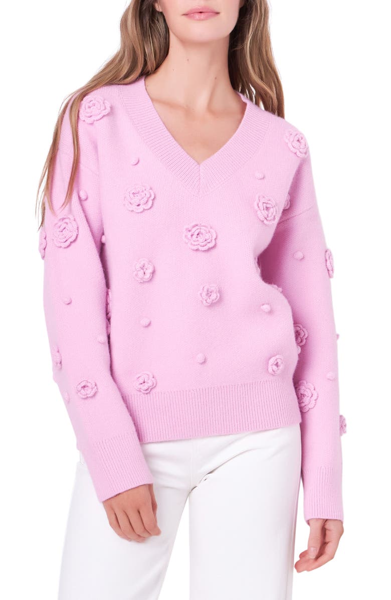 English Factory 3D Flower V-Neck Sweater, Main, color, 