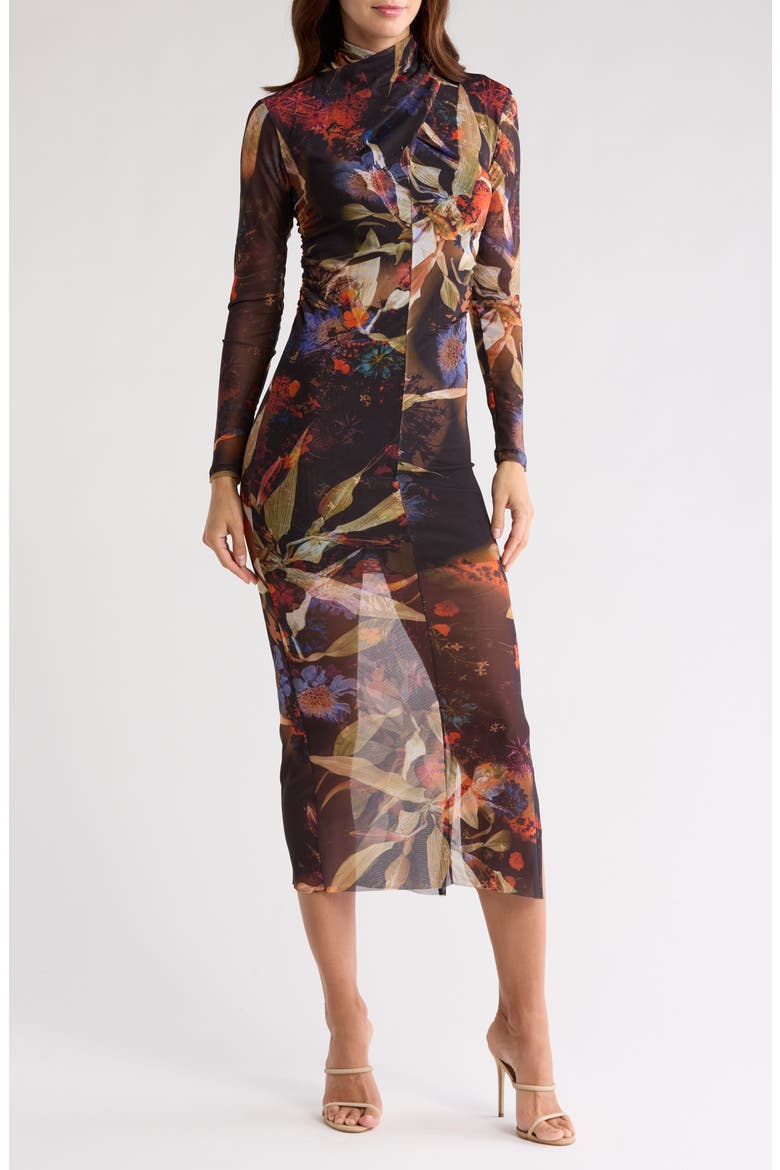 Tia Tippi Long Sleeve Mesh Dress, Main, color, RUST BROWN