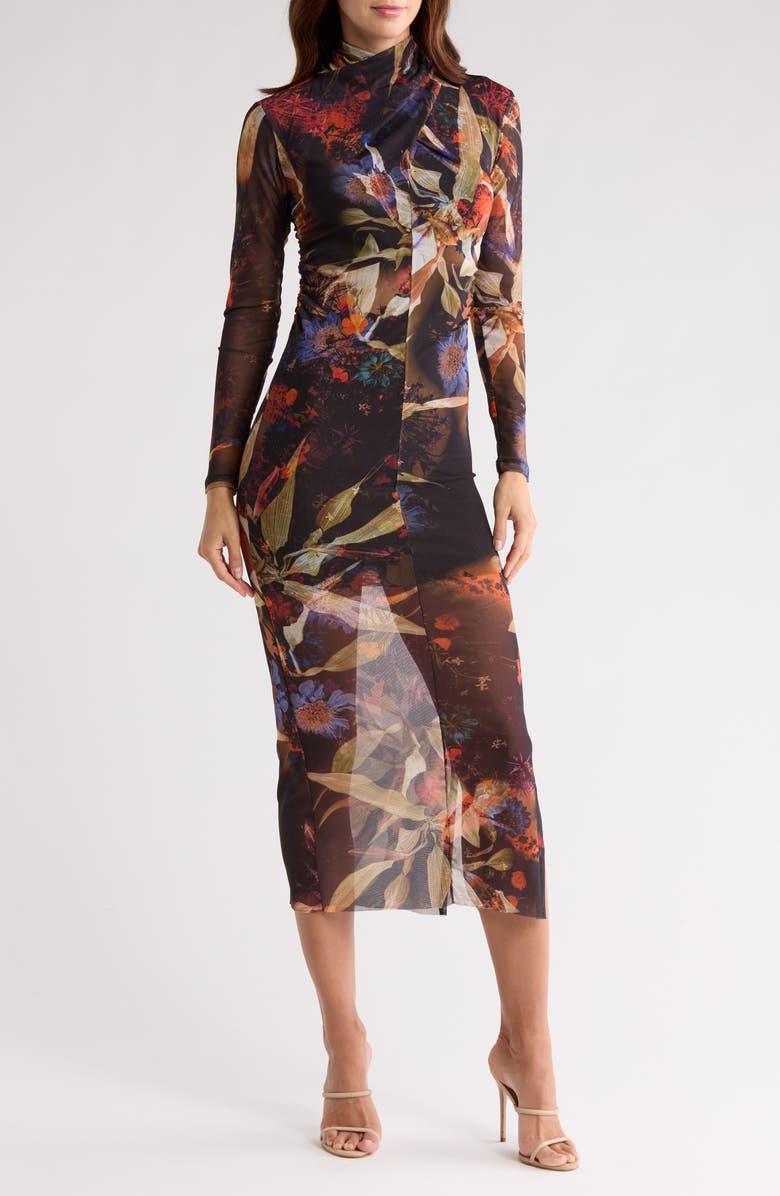 AllSaints Tia Tippi Long Sleeve Mesh Dress, Main, color, Rust Brown