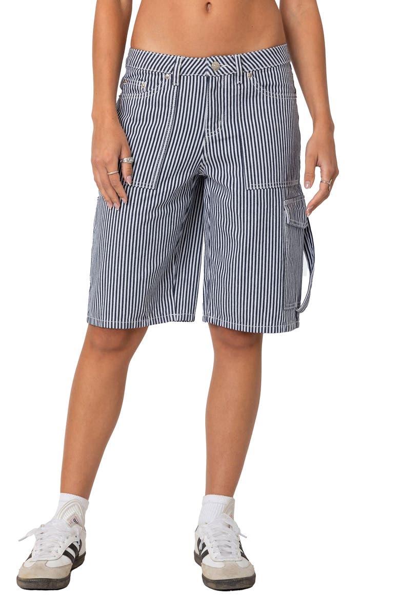 EDIKTED Friday Stripe Low Rise Cargo Shorts, Main, color, Navy-And-White