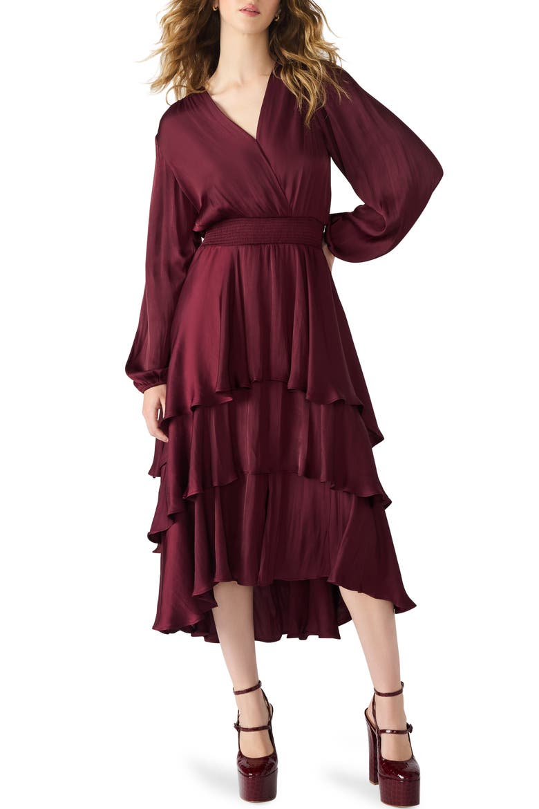 Bei Long Sleeve Tiered Satin Midi Dress, Main, color, WINE