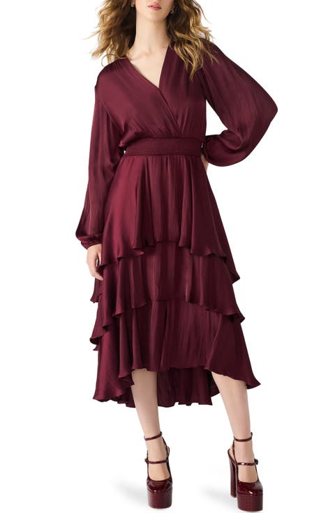 Bei Long Sleeve Tiered Satin Midi Dress