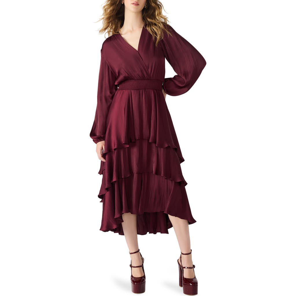 Steve Madden Bei Long Sleeve Tiered Satin Midi Dress In Animal Print