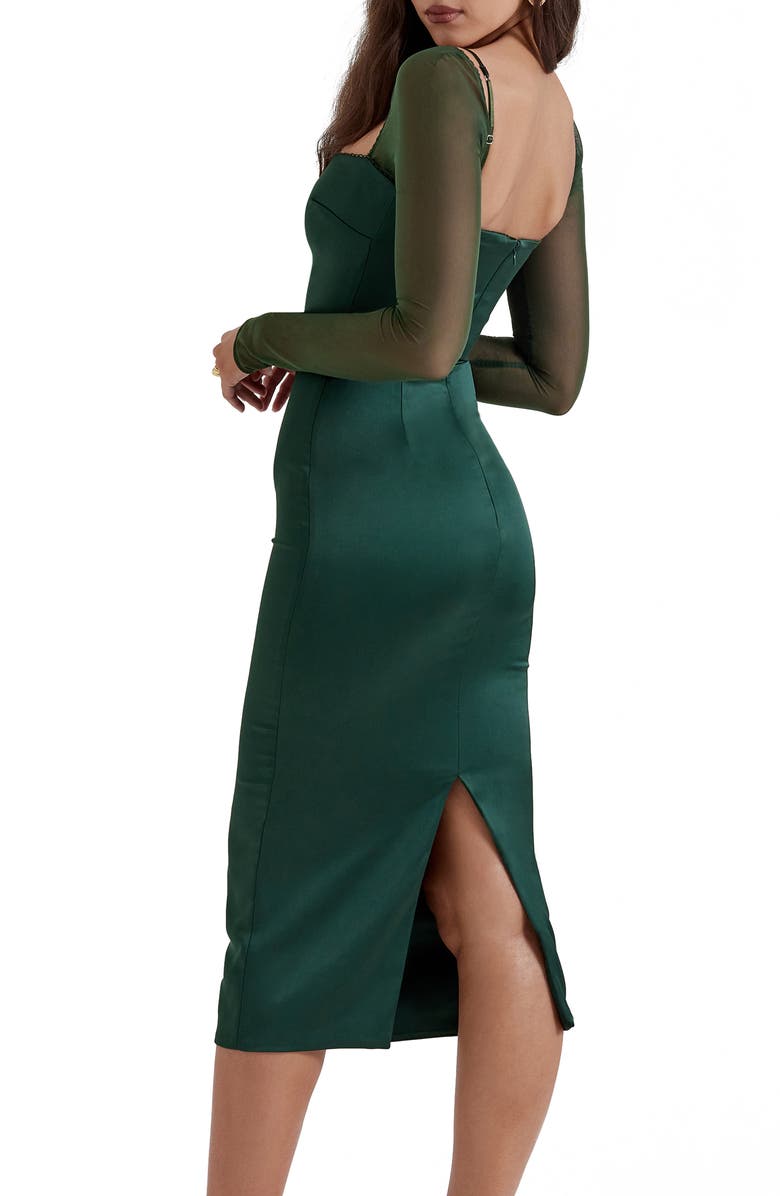 HOUSE OF CB Ellica Long Sleeve Satin Sheath Cocktail Dress, Alternate, color, Emerald Green