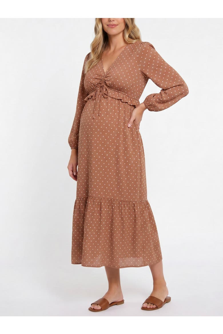 Long Sleeve Ruffle Midi Maternity Dress, Alternate, color, Mocha Mousse & Vanilla Dot
