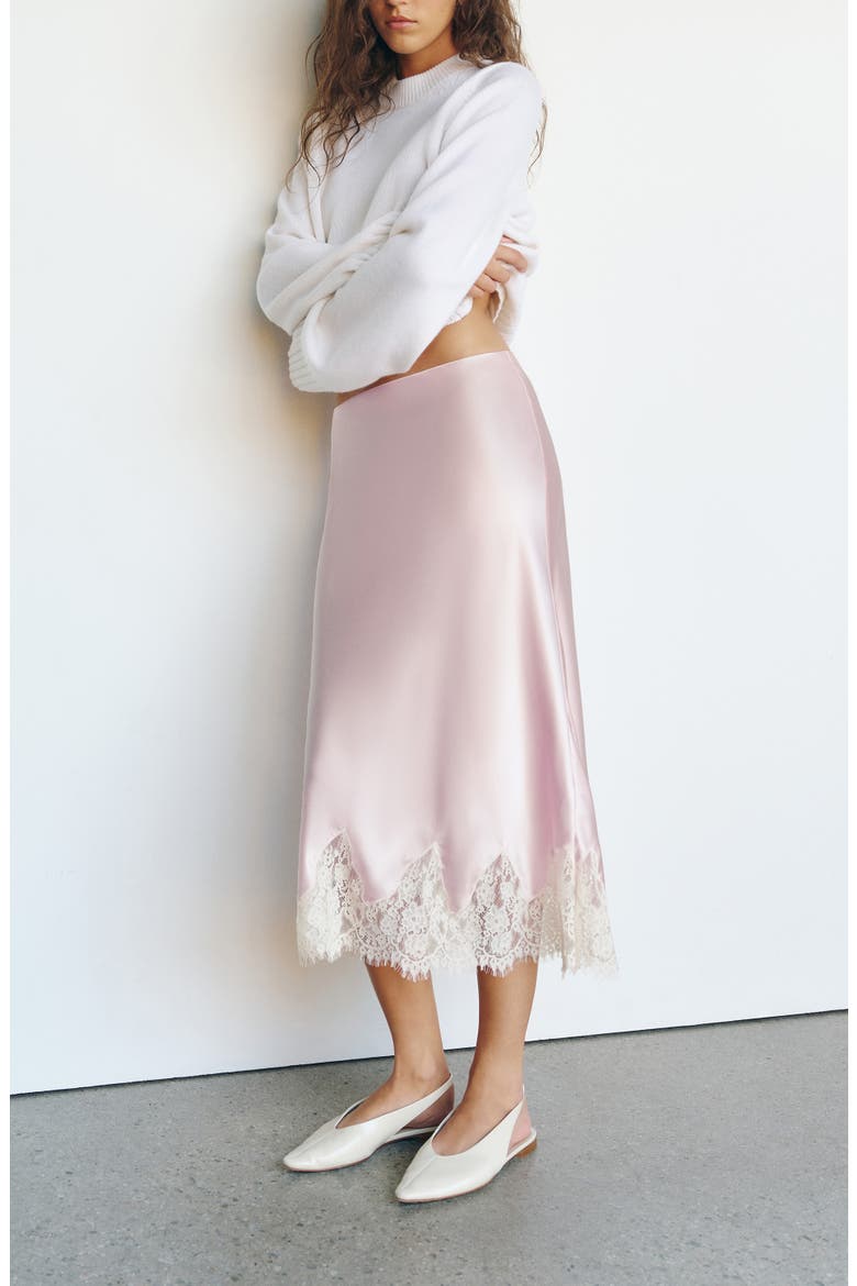 Carolina Lace Trim Silk Midi Skirt, Alternate, color, CHERRY BLOSSOM