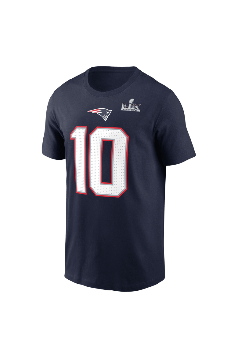 Men's Nike Drake Maye Navy New England Patriots Super Bowl LX Patch Name & Number T-Shirt, Alternate, color, Navy