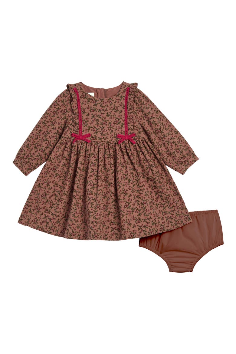 Floral Ruffle Long Sleeve Dress with Bloomers, Main, color, BROWN