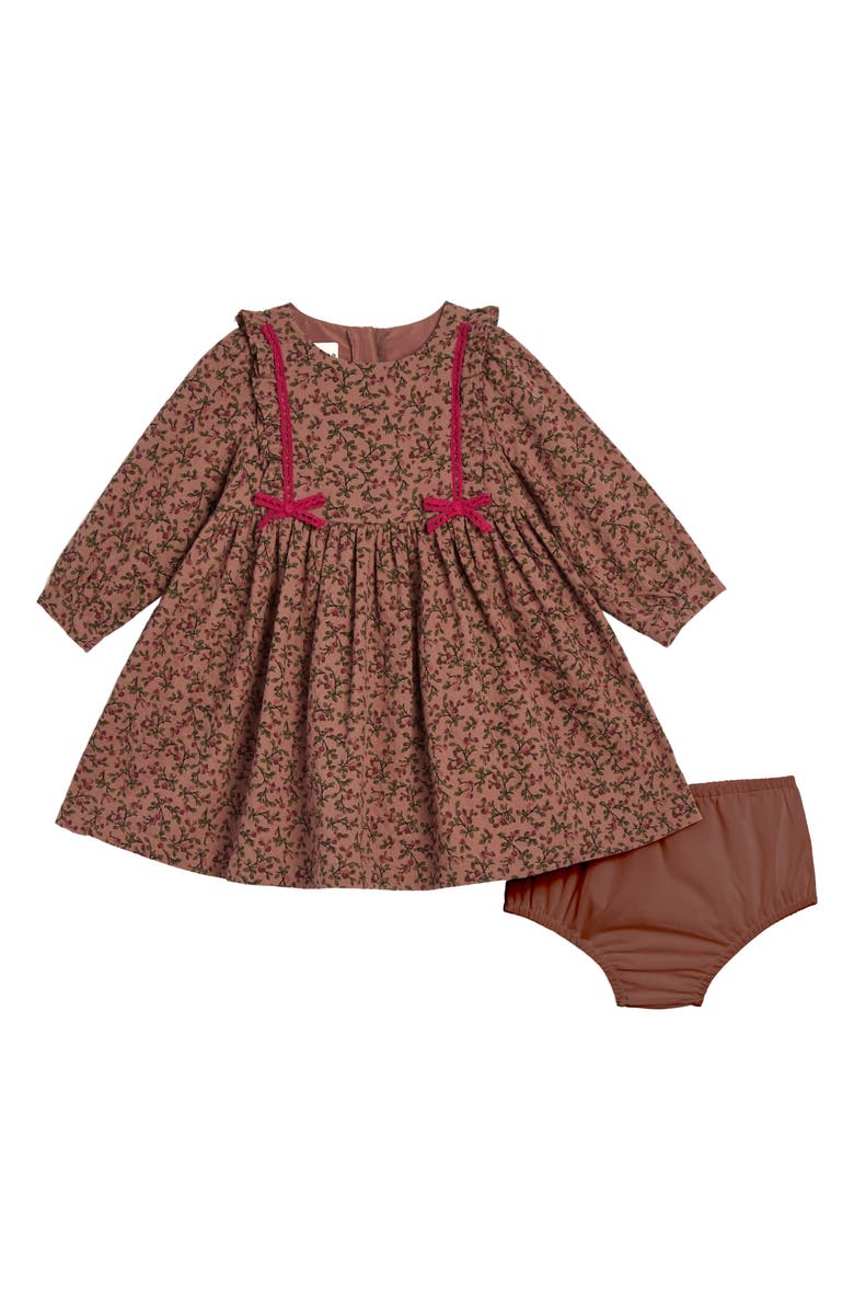 Pippa & Julie Floral Ruffle Long Sleeve Dress with Bloomers, Main, color, Brown