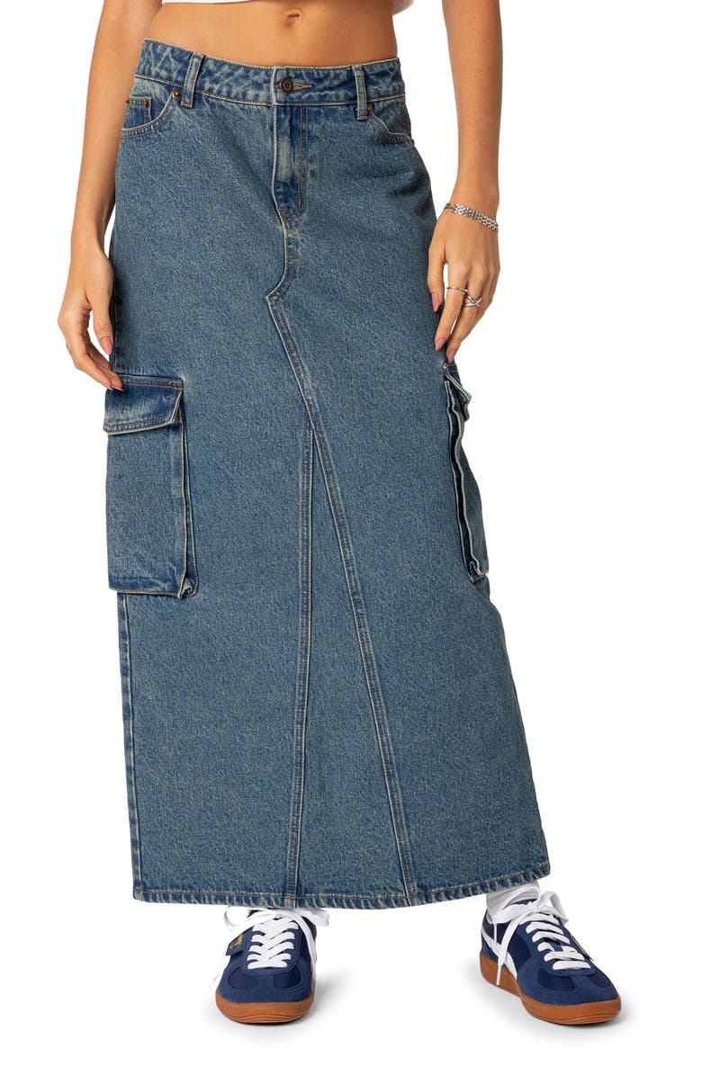 EDIKTED Denim Cargo Maxi Skirt, Main, color, 