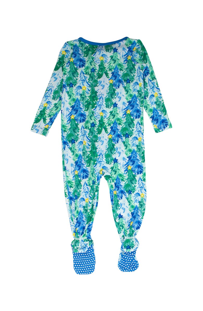 RuffleButts SoftSnooze Gender Inclusive Holiday One Piece Footie Pajamas, Alternate, color, Blue Jolly Grove