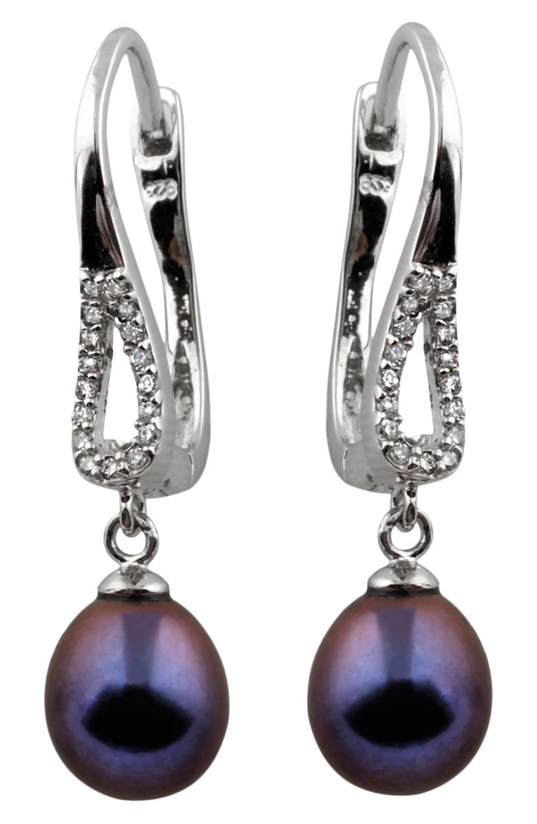 SPLENDID PEARLS 7.5-8mm Black Cultured Dyed Freshwater Pearl & CZ Earrings, Main, color,