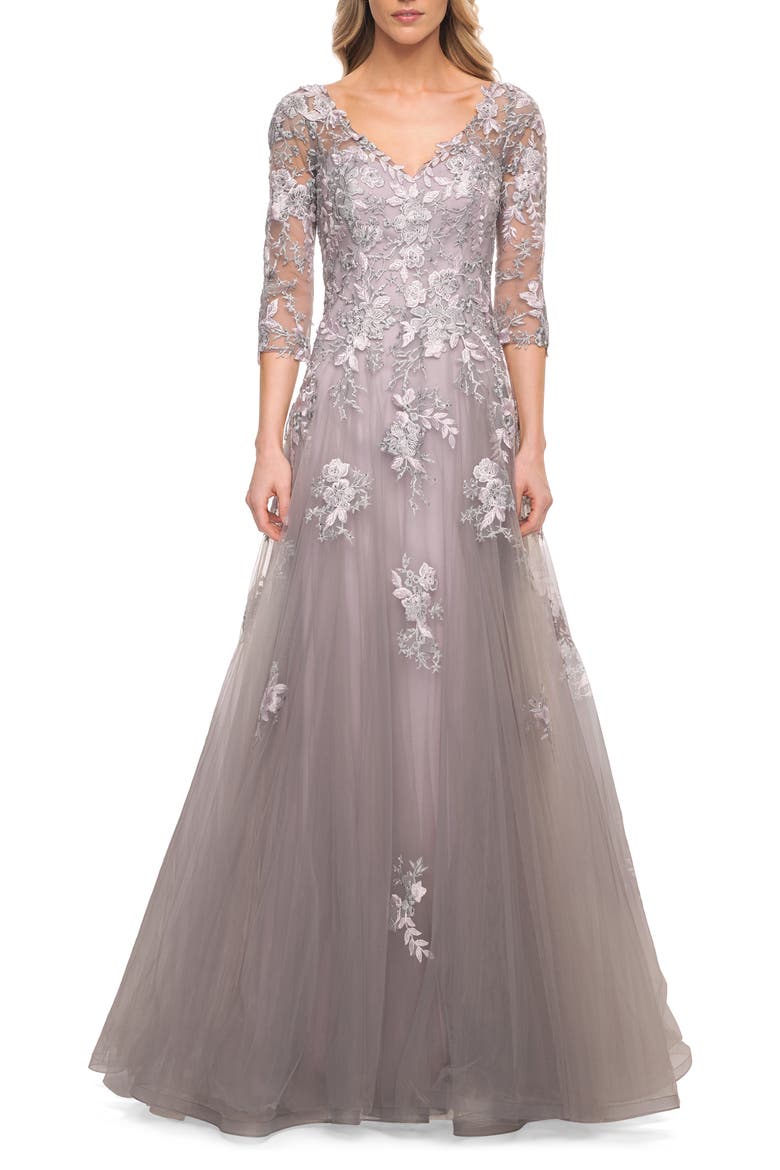 Elegant A-Line Gown with Lace Applique and V Neck, Main, color, Silver/Pink