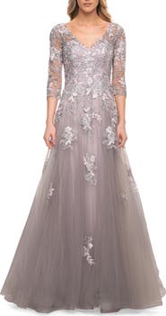La Femme Elegant A-Line Gown with Lace Applique and V Neck