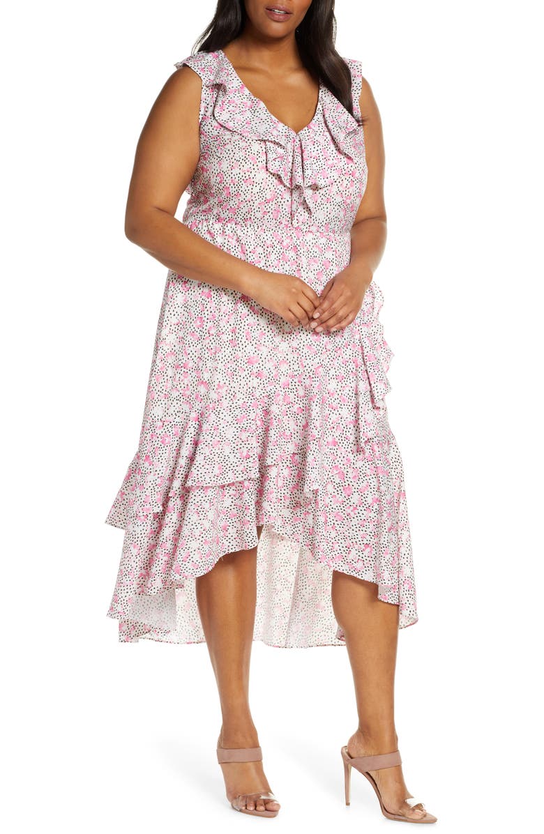 ELOQUII Ruffle Detail High Low Dress, Main, color, 