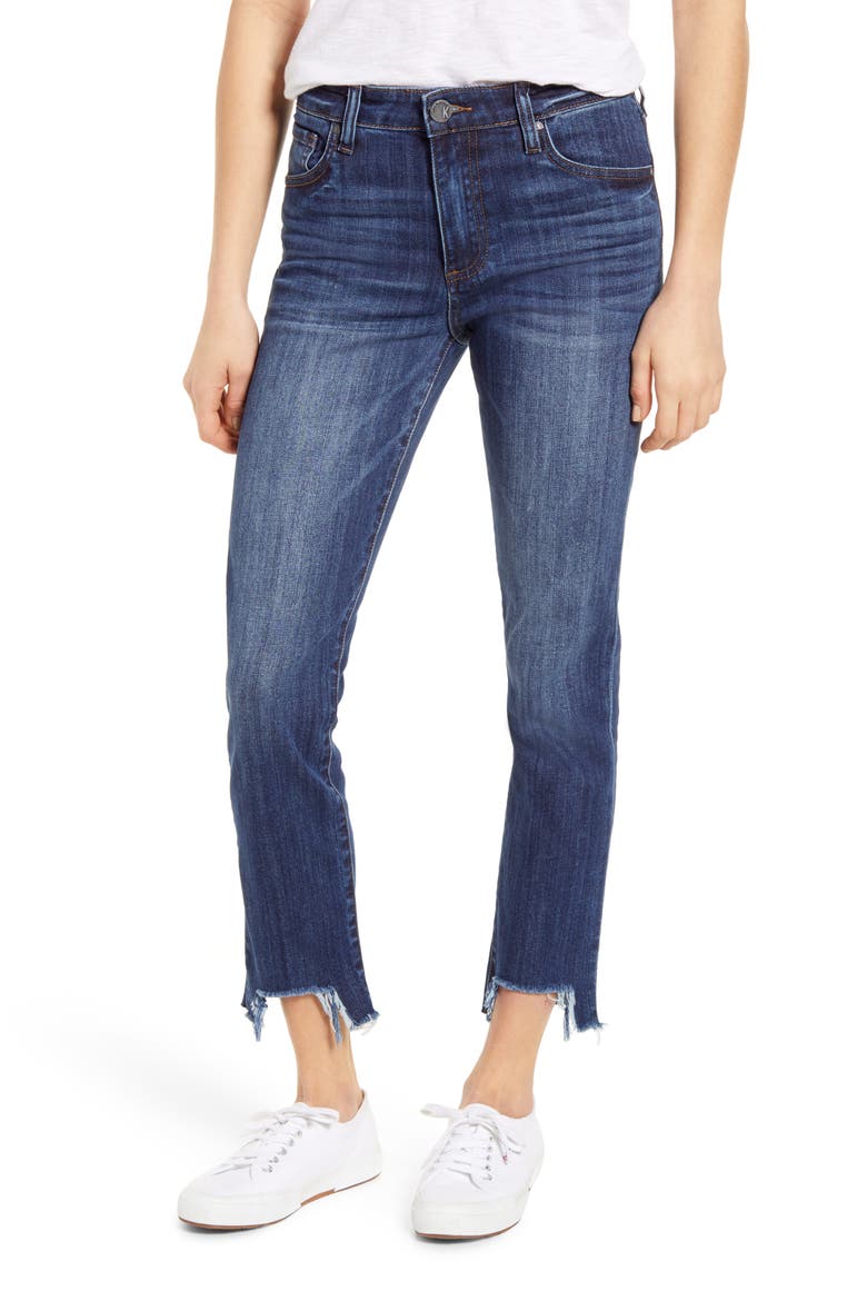 Reese High Waist Frayed Step Hem Ankle Straight Leg Jeans, Main, color, BEGIN