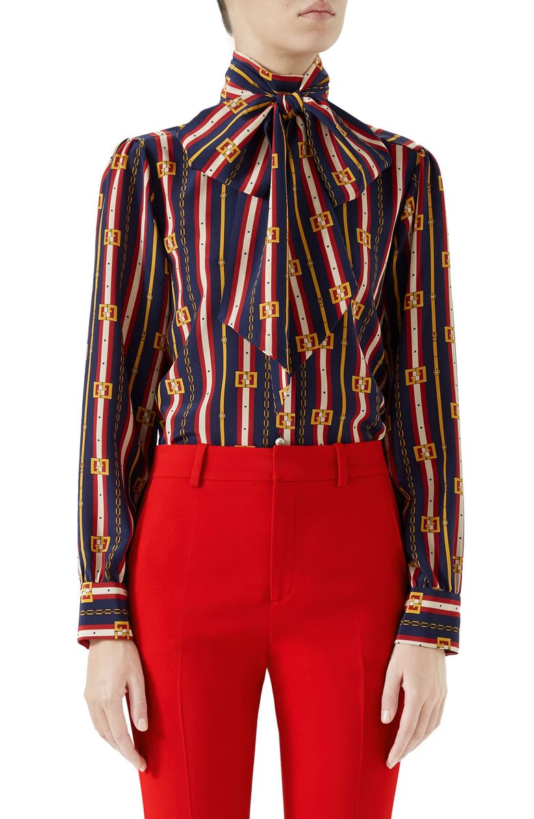 Gucci Chain Belt Print Silk Bow Neck Blouse, Main, color,