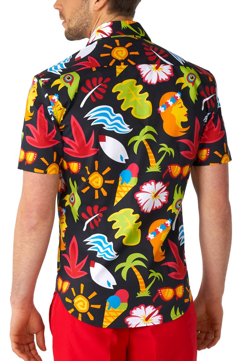 Tropical Thunder Stretch Short Sleeve Button-Up Shirt, Alternate, color, BLACK