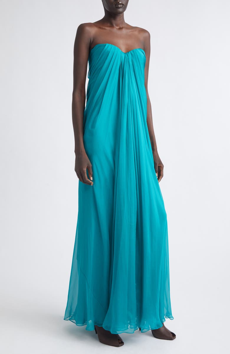 McQueen Draped Strapless Silk Chiffon Gown, Alternate, color, Peacock