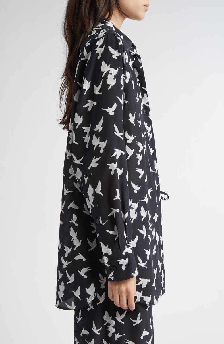 Stella McCartney Mini Birds Silk Button-Up Shirt, Alternate, color, Black