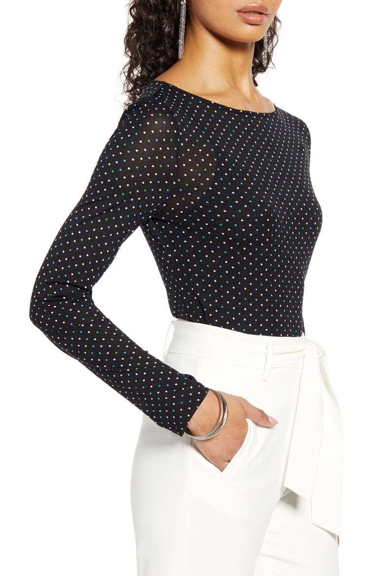 Boat Neck Mesh Top, Alternate, color, BLACK- IVORY MULTI LADY DOT
