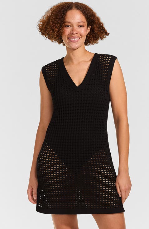 Cotton Open Knit V-Neck Swim Cover-up Dress