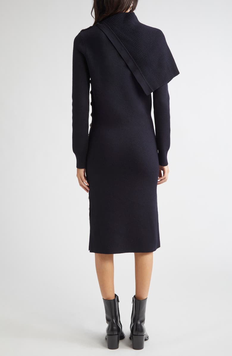 Rabanne Drape Shoulder Long Sleeve Merino Wool Sweater Dress, Alternate, color, Navy