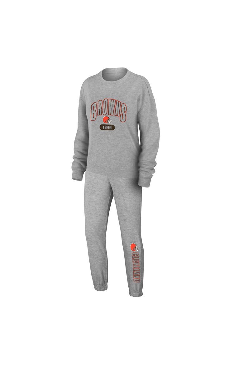 Women's WEAR by Erin Andrews Heather Gray Cleveland Browns Knit Long Sleeve Tri-Blend T-Shirt & Pants Sleep Set, Main, color, Heather Gray