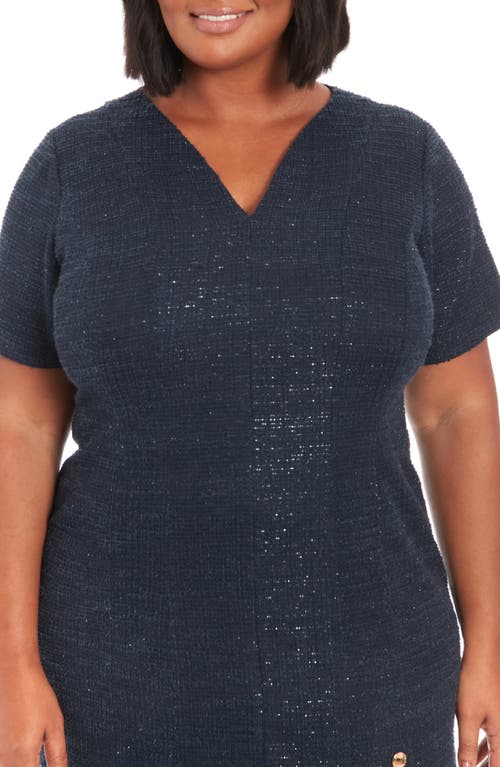London Times Short Sleeve Side Button Bouclé Sheath Dress In Navy