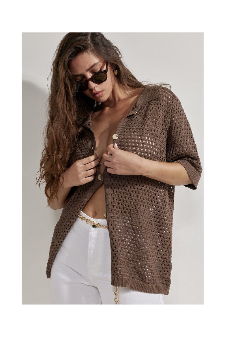 Robbie Crochet Collared Beach Top, Alternate, color, Brown