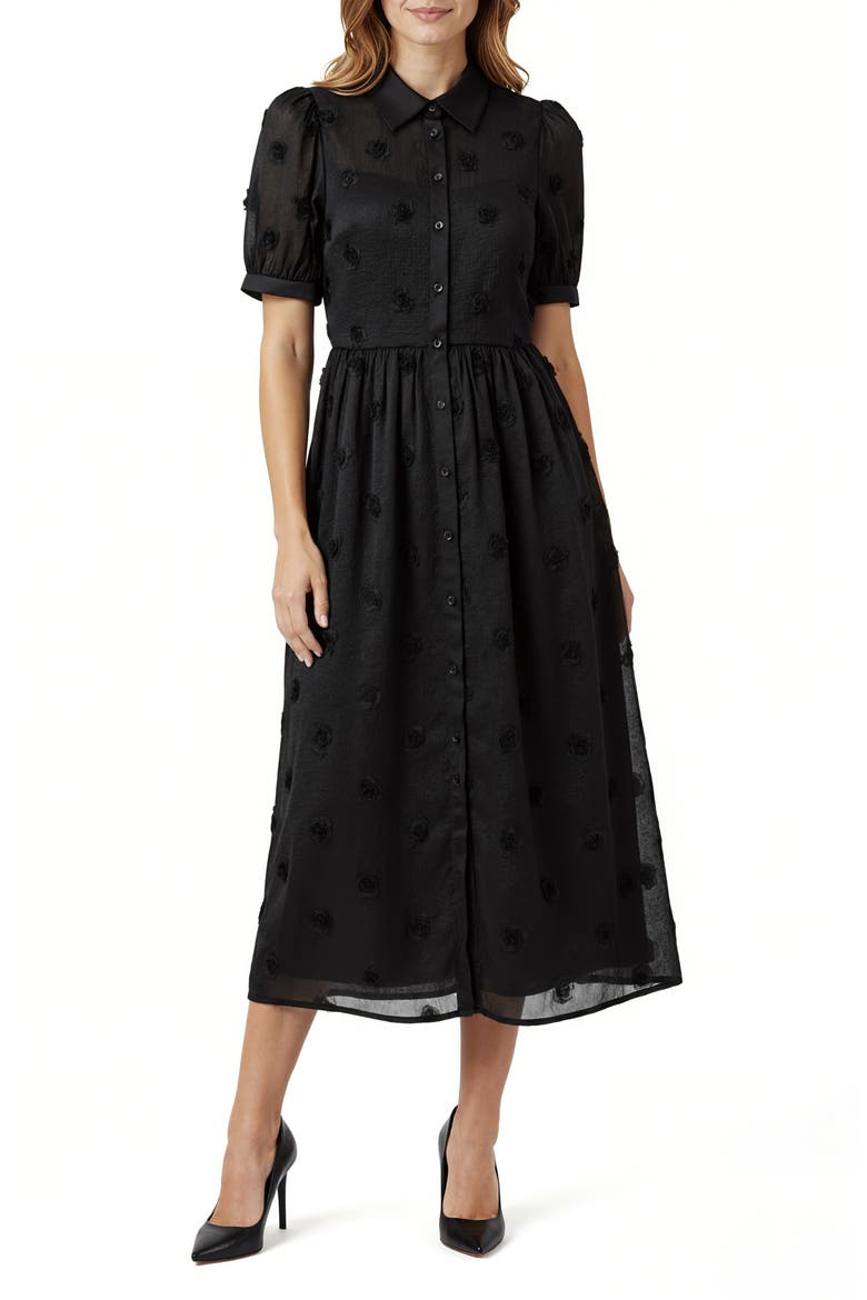 3D Flower Puff Sleeve Midi Shirtdress, Main, color, BLACK