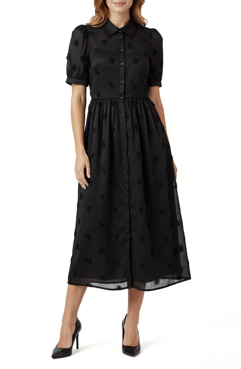 Mila Mae 3D Flower Puff Sleeve Midi Shirtdress, Main, color, Black