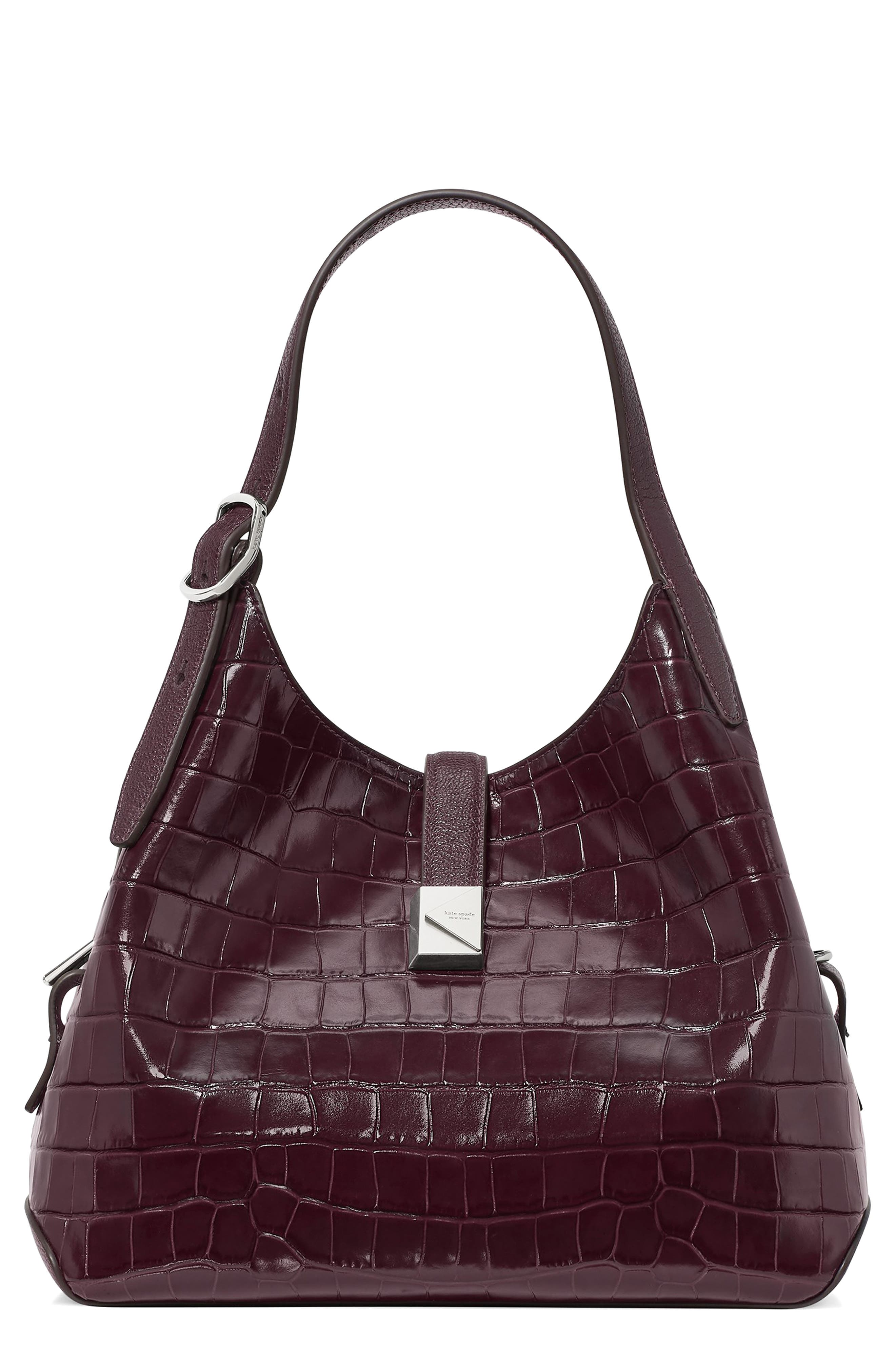 Deco Croc Embossed Leather Hobo Bag, Main, color, BLACKBERRY JAM