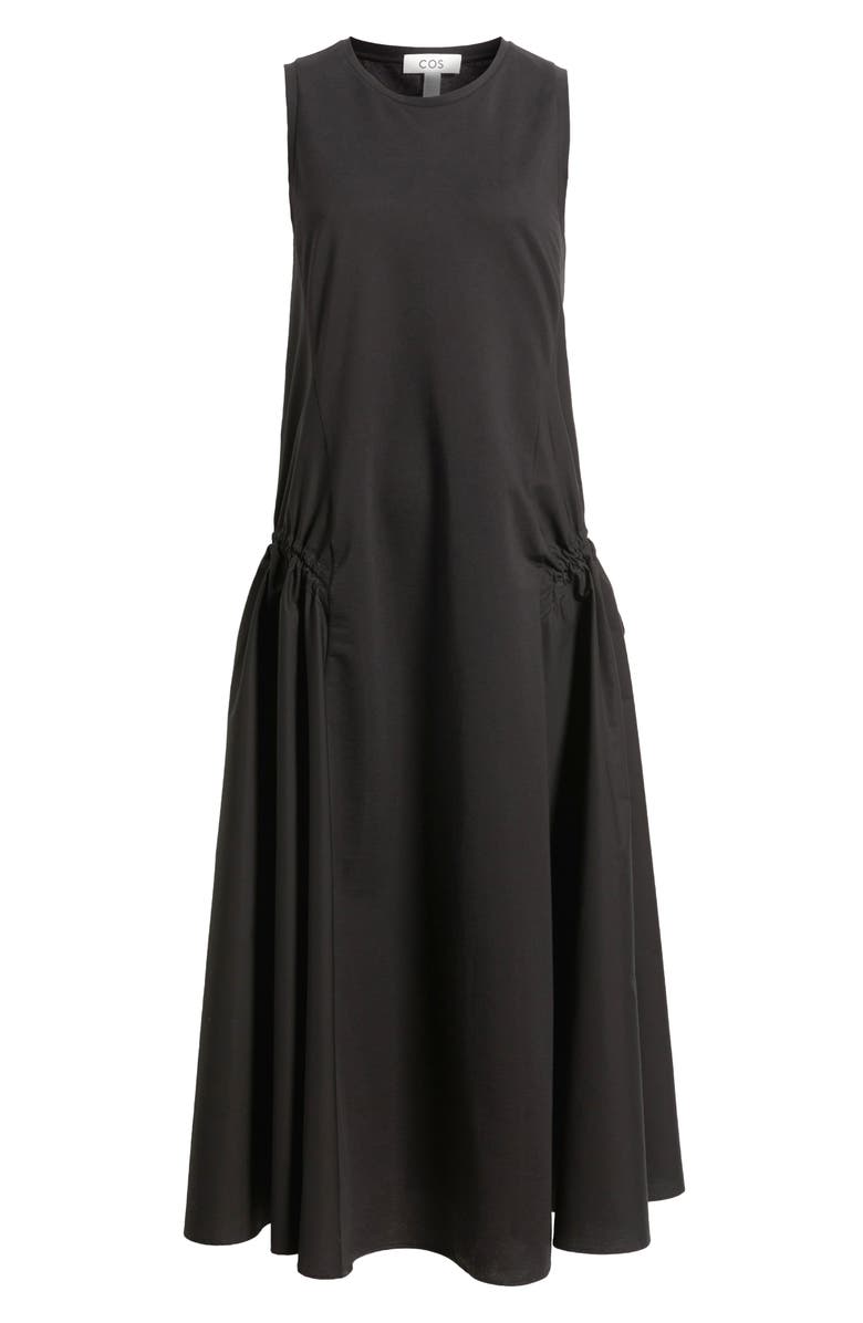 COS Paneled Gathered Side Cotton Blend Midi Dress, Alternate, color, Black Dark