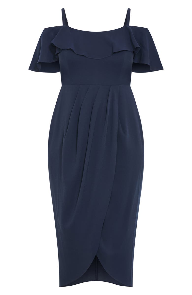 City Chic Flirtation Ruffle Off the Shoulder Cocktail Dress, Alternate, color, Navy