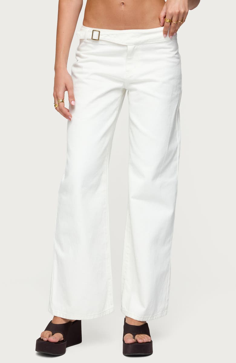 EDIKTED Buckle Tab Low Rise Wide Leg Pants, Main, color, White