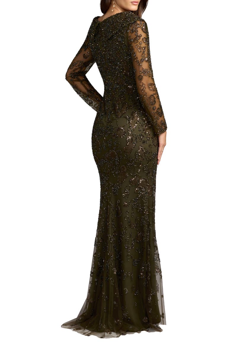 Portrait Collar Long Sleeve Embellished Gown, Alternate, color, Olive