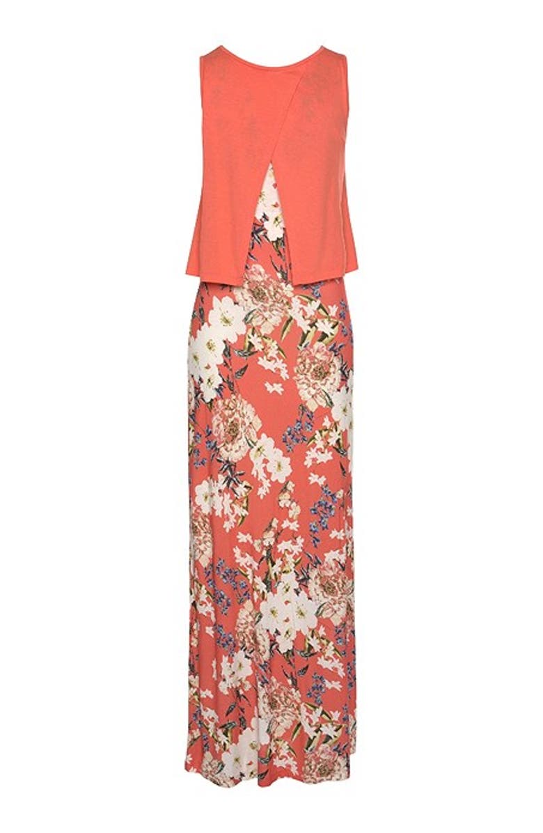 LASCANA Women's Layered Look Maxi Dress, Alternate, color, Coral-Patterned