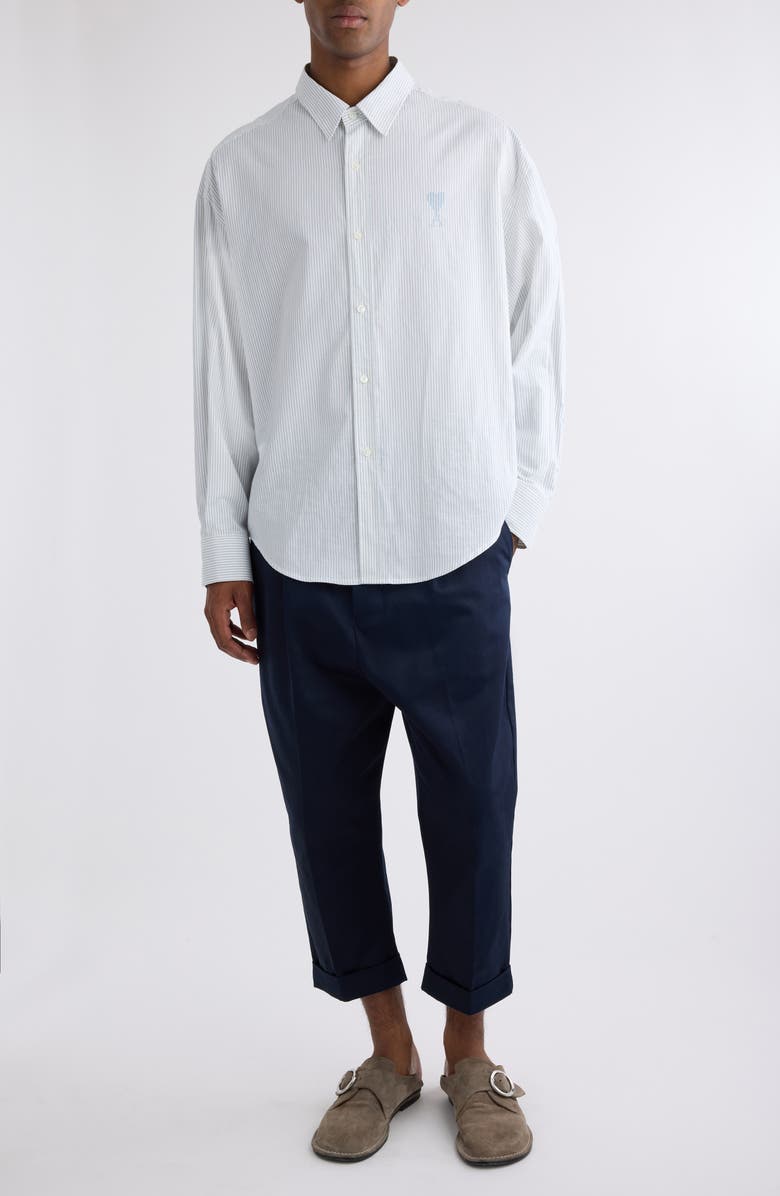 AMI PARIS Boxy Fit Ami de Coeur Stripe Cotton Poplin Button-Up Shirt, Alternate, color, 1041 White/Blue Note