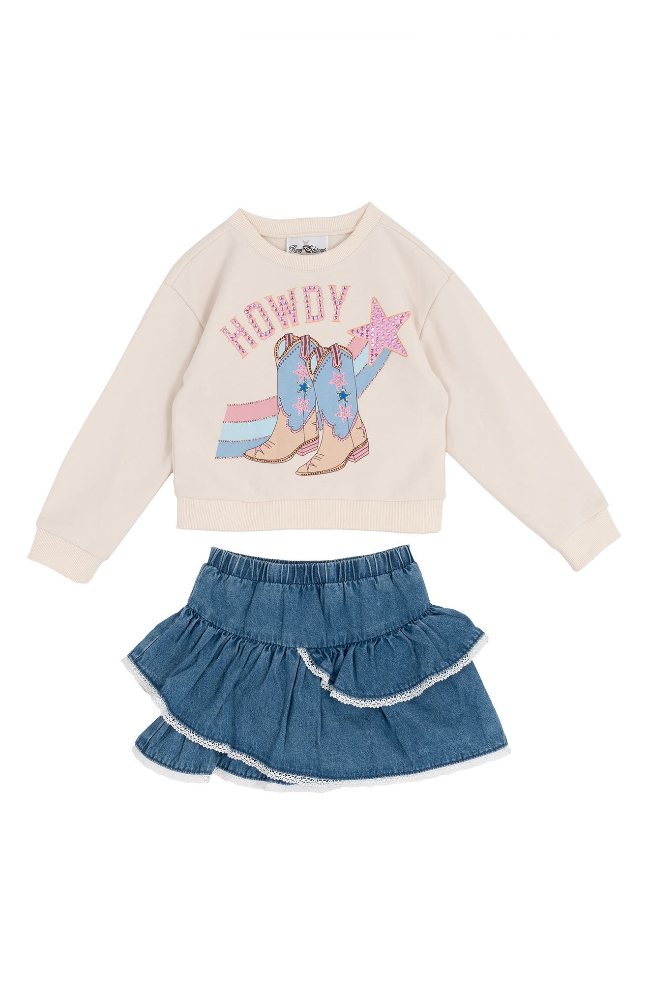 Rare Editions Kids' Howdy Sweatshirt & Denim Skirt