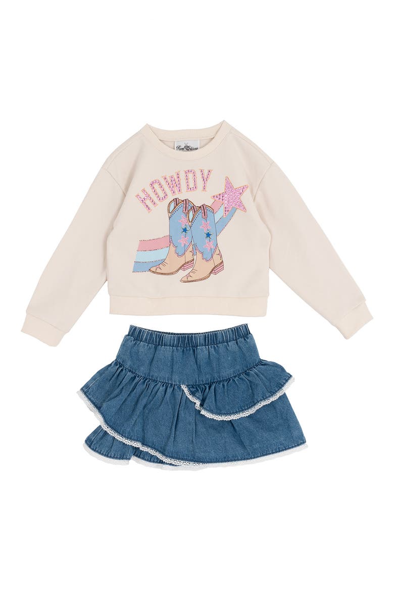 Kids' Howdy Sweatshirt & Denim Skirt, Main, color, IVORY