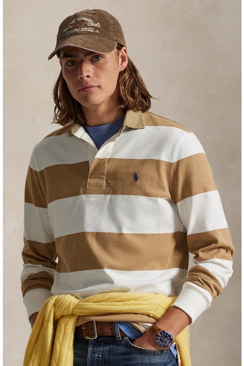 Classic Fit Khaki Collar Rugby Shirt, Alternate, color, CAFE TAN/ TROPHY CREAM
