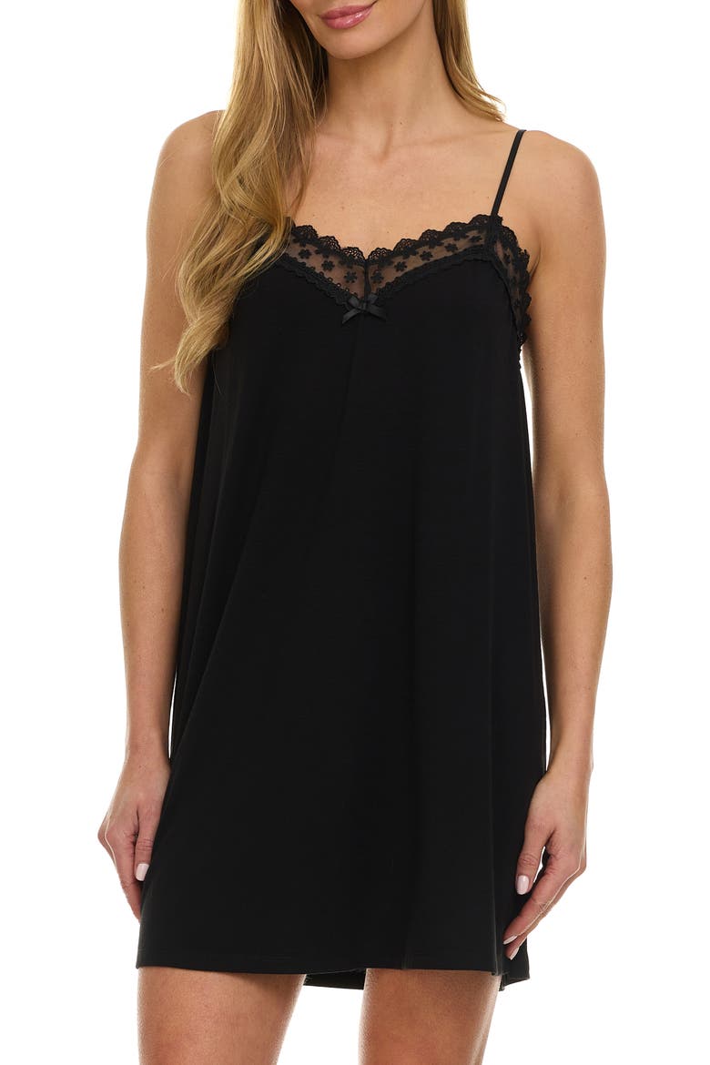Maven Lace Trim Jersey Chemise, Main, color, BLACK