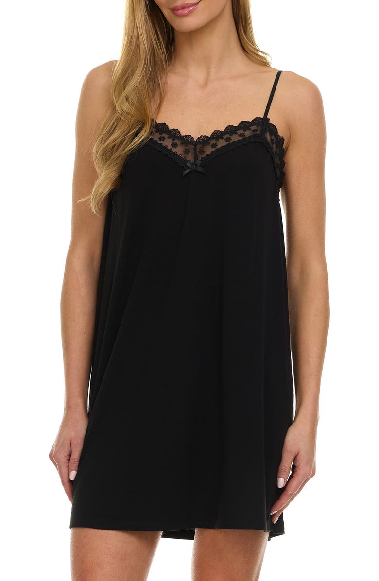 Flora Nikrooz Maven Lace Trim Jersey Chemise, Main, color, Black