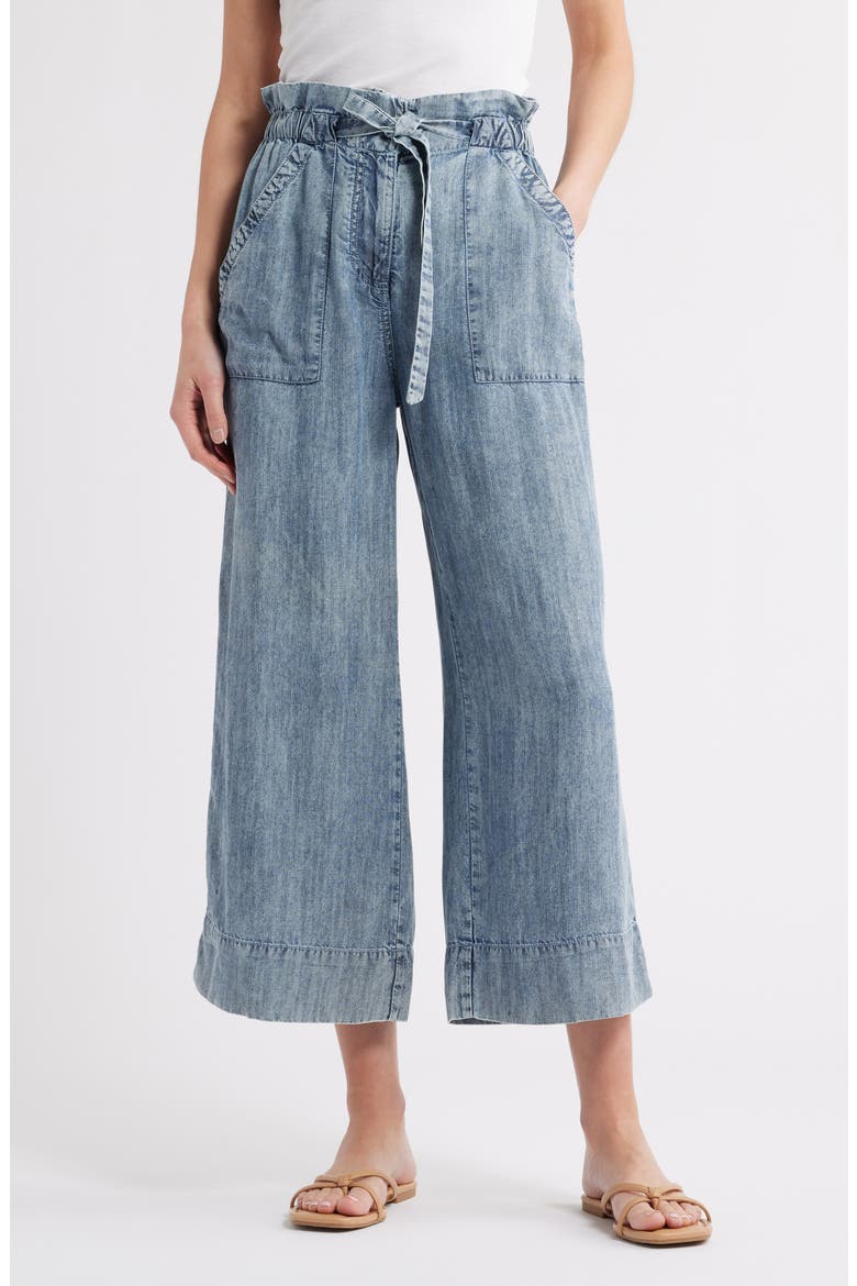Acid Wash Tie Front Crop Wide Leg Chambray Pants, Main, color, BLUE ACID RINSE